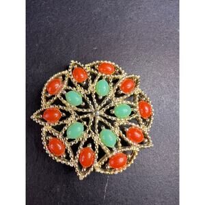 VTG Sarah Coventry Acapulco Red Green Sim Turquoise & Coral Brooch Pin